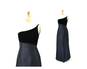 90s 00s Y2K Vintage Black Evening Gown Asymmetrical Dress Evening Gown Velvet Dress XXS XS by Liancarlo// Black Evening Gown Dress XS Small