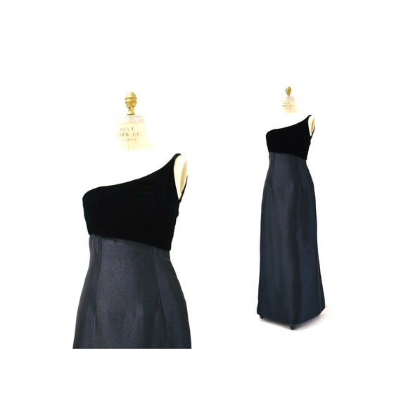 90s 00s Y2K Vintage Black Evening Gown Asymmetric… - image 1