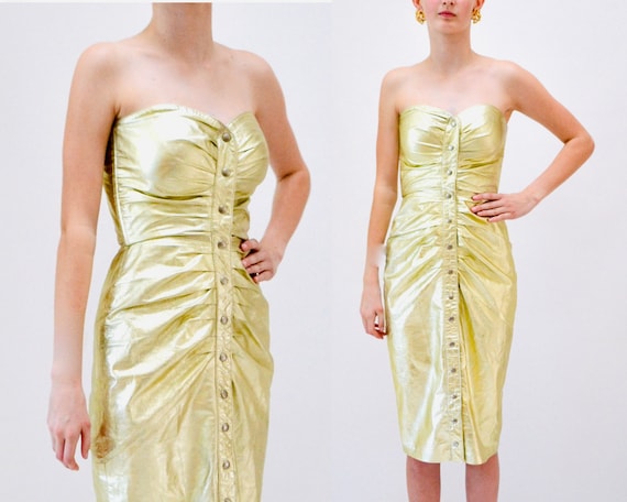 90s Metallic Gold Strapless Leather Dress by Michael Hoban North Beach Leather XXS 90s Strapless Leather Dress Gold Size XXS XS Small Etsy Canada
