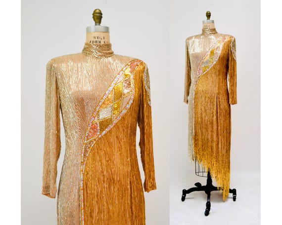80s Vintage BOB MACKIE Gold Sequin Wedding Party Dress Gold white Beaded Sequin Fringe Dress Medium I.MAGNIN Bob Mackie Showgirl Dress