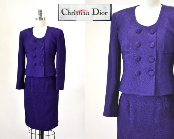 Vintage 80s 90s Purple Silk Suit Jacket Skirt Christian Dior XS
