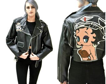 Vintage Black Leather Motorcycle Jacket with Betty Boop// Black Leather Biker Jacket with Betty Boop Comic Cartoon Size Large