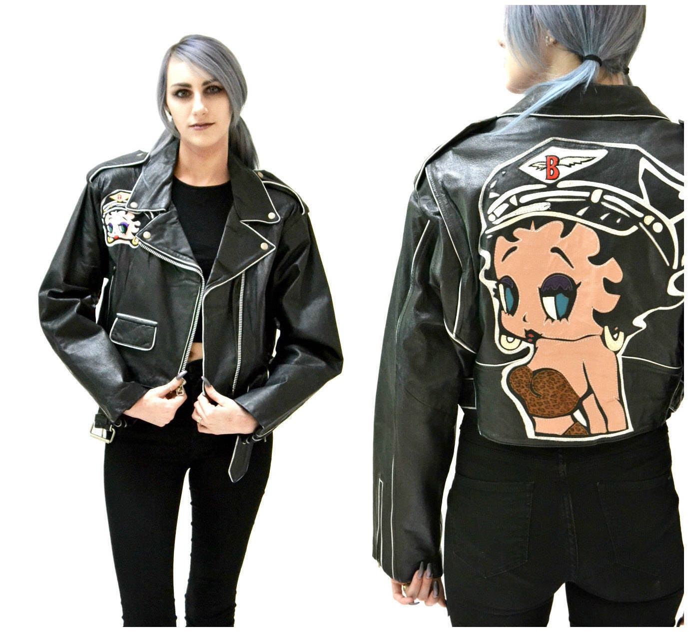 Vintage Black Leather Motorcycle Jacket with Betty Boop// | Etsy