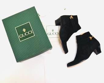 Czarne skórzane buty Gucci z lat 80. w stylu vintage, rozmiar US 7 1/2 8 8 1/2, wysokie obcasy, czarne, skórzane buty Gucci, wyprodukowane we Włoszech, buty Gucci na niskim obcasie