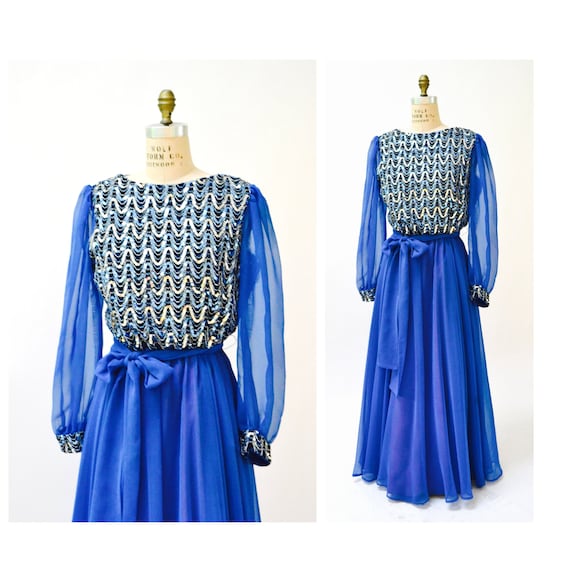 70s Vintage Sequin Dress Blue Metallic Dress Gown