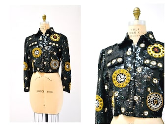 Chaqueta vintage de lentejuelas de los años 80 y 90, reloj del zodiaco, horóscopo, dorado metálico, mediano // Chaqueta vintage negra de lentejuelas, astrología, números romanos y estrellas