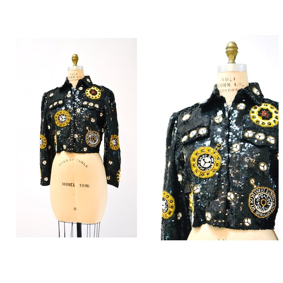 80s 90s Vintage Sequin Jacket Black Gold Metallic… - image 1