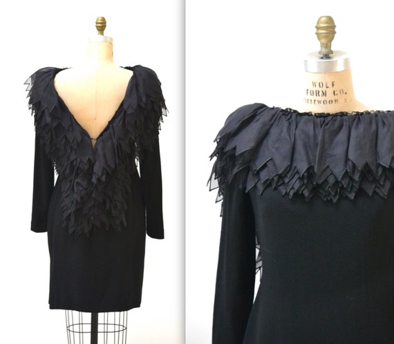 Vintage Black Dress Black Medium Large Ruffle Neckline by Alfred Bosand  // 90s Vintage Black Cocktail Dress Wool and Silk Party Dress