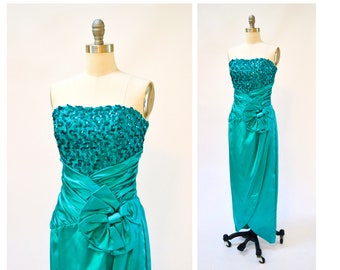 Vintage 80s 90s Prom Sequin Dress Small Strapless Gown Teal Green// 80s Metallic Sequin Gown Blue Green Drag Queen Pageant Dress Zum Zum