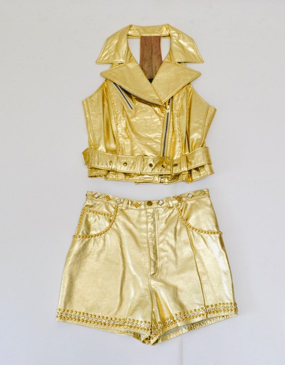 Amazing Vintage Studded Gold Leather Vest Size Me… - image 3