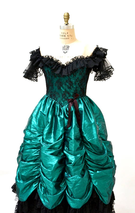 Vintage 80s Prom Dress XXS XS Metallic Green Blac… - image 2