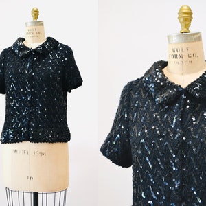 70s Vintage Black Sequin Shirt Size Large // 70s 80s glam disco Party Vintage Sequin Shirt Crop Top Metallic Black Large Knit Black Shirt