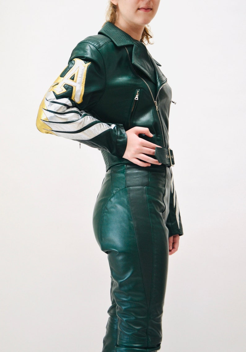 Vintage Leather Motorcycle Jacket and Pants by North Beach Michael Hoban// Vintage Green Gold Metallic Leather Moto Angel Wings Leather Suit image 5