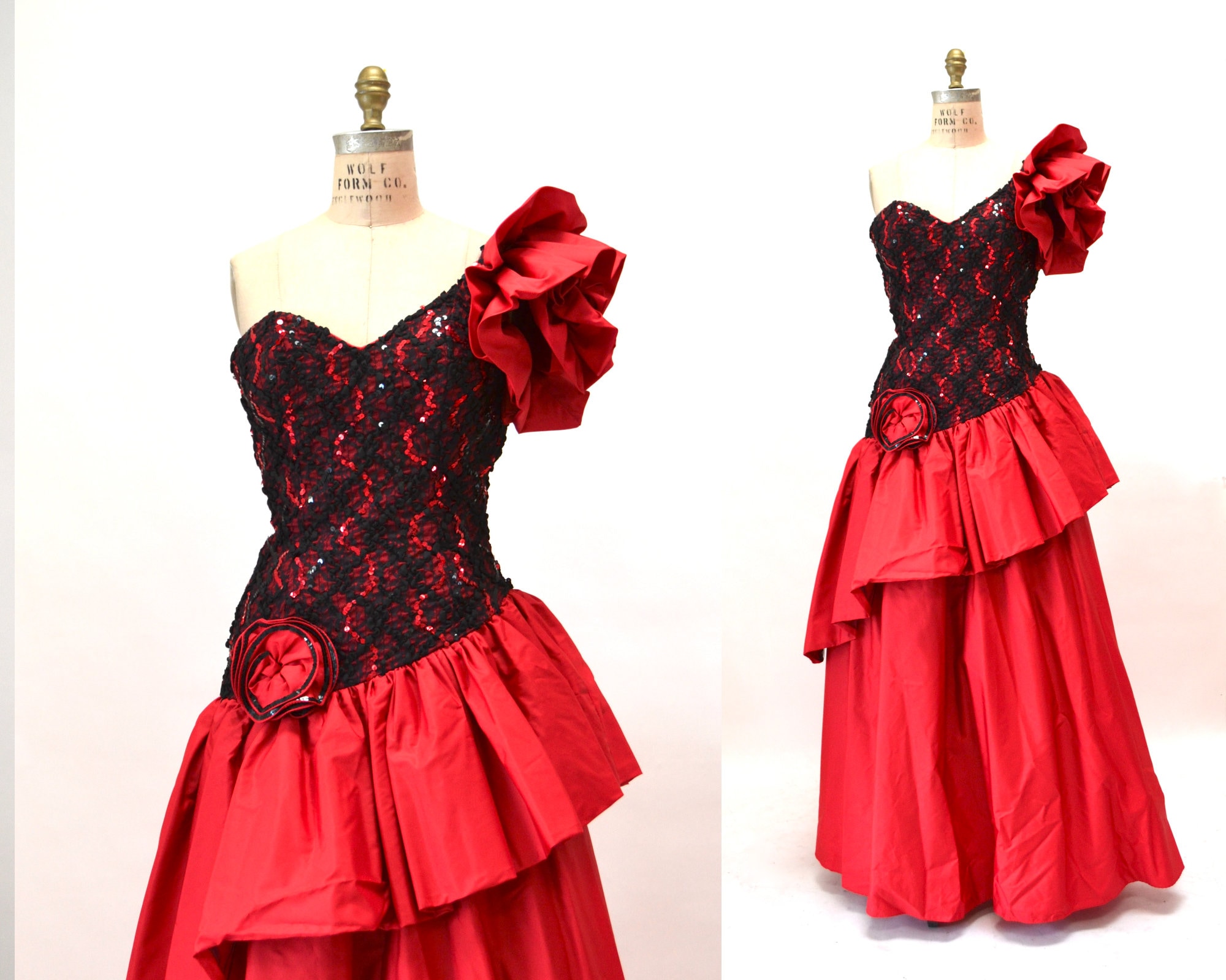 スーツ・フォーマル・ドレス 80s Vintage French Made Back Chain Dress 80s Prom Dress Red Black Ruffle Sequin Dress// Vintage 80s