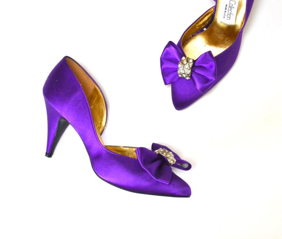 80s 90s Glam Party Vintage Purple Satin Bow High … - image 2