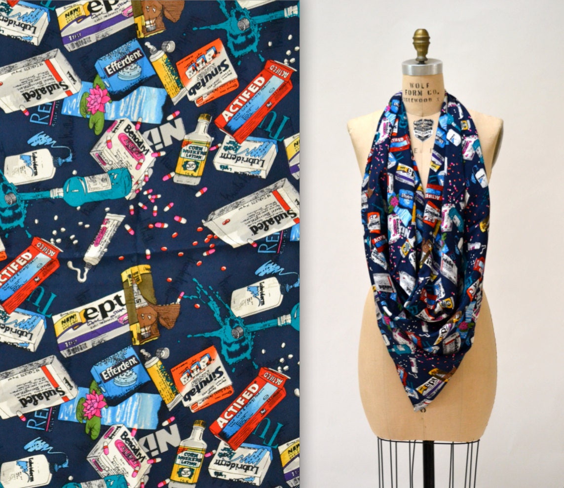 90s Nicole Miller Silk Large Scarf With Pill Medicine Drug Store