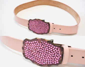 Y2K 2000s Pink Rhinestone Leather Belt Pink Crystal Belt