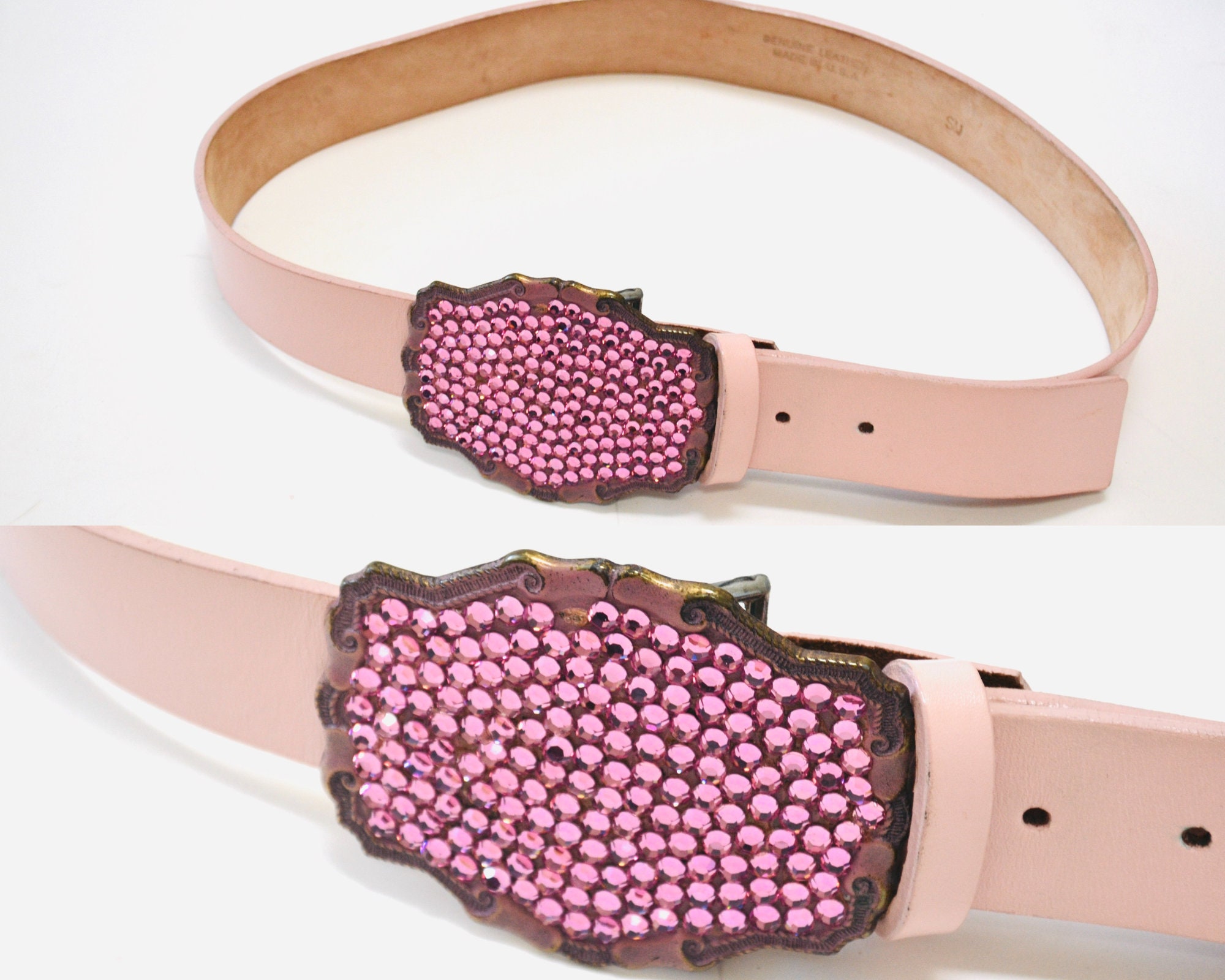 VTG B-Low The Belt Pink Leather Rhinestone Buckle Belt Y2K Boho Western Sz 32 Western Ladies Rhinestone Belt, Pink Leather, Cut Glass  main image 2