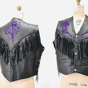 Vtg Black Leather Motorcycle Vest W Patches // Biker Babe