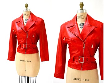 Vintage Leather Motorcycle Jacket RED by Michael Hoban// Vintage Leather Biker Jacket Red SMALL Medium Corset Moto Jacket 90s Leather Jacket