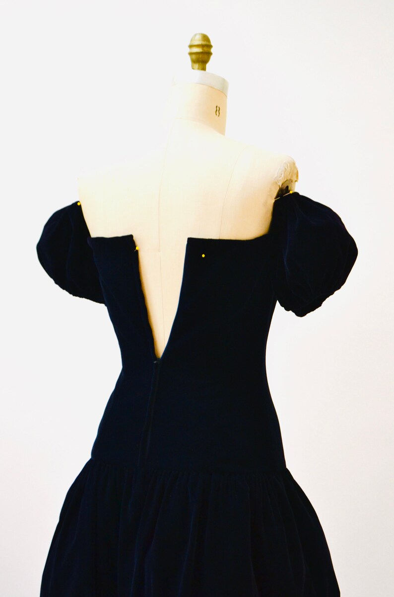 Vintage 80s 90s Prom Dress Size Small Medium Velvet Dark Purple Blue Vintage 80s 90s Velvet Dress Off the Shoulder Poof Sleeve Dress