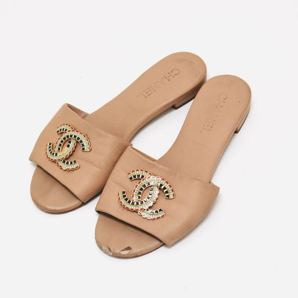 Vintage Chanel Tan Leather Slides Sandals 39 1/2  Leather Tan Chanel Logo Sandals Slides Tan Neutral 39 1/2 8 1/2 Made in Italy