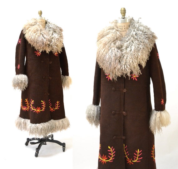 Vintage Embroidered Shearling Afghan Jacket Coat M