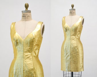 90s Metallic Gold Leather Dress by Michael Hoban North Beach Leather MEDIUM Large// 90s Leather Dress Tank Dress Gold Size Medium
