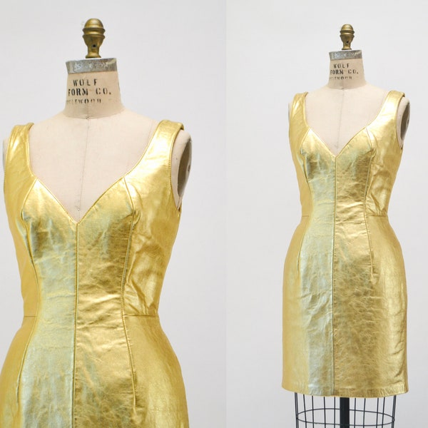 90s Metallic Gold Leather Dress by Michael Hoban North Beach Leather MEDIUM Large// 90s Leather Dress Tank Dress Gold Size Medium