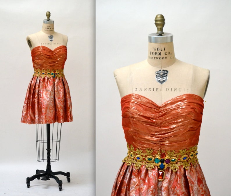 80s Vintage Metallic Prom Party Dress Size Medium By Eugene Alexander Orange and Gold// Vintage 80s Metallic Gold Strapless Dress Medium 