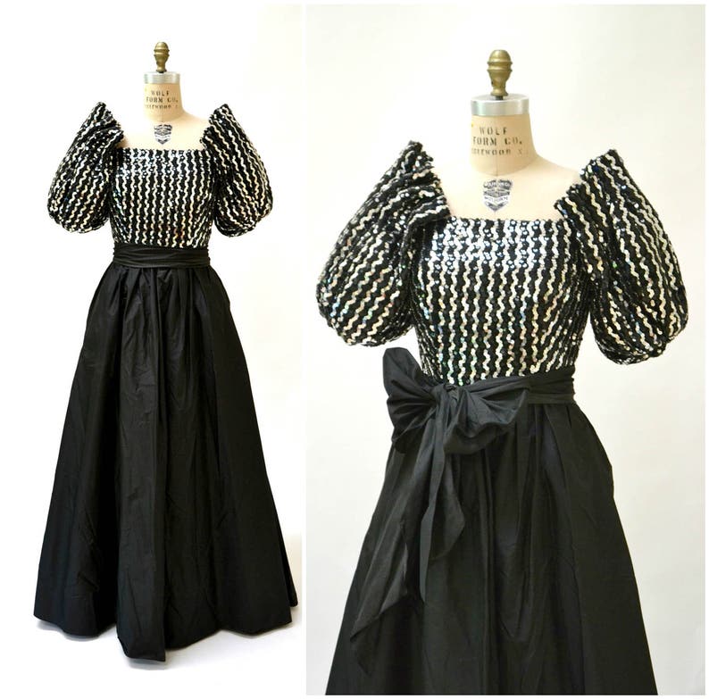 Vintage 80s Prom Dress XS Small Black Silver Sequin Evening Ball Gown Vintage Silver Sequin Dress Small Princess Dress