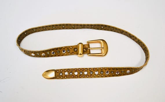 90s 2000s Vintage Gold Rhinestone Belt Brown Leat… - image 8