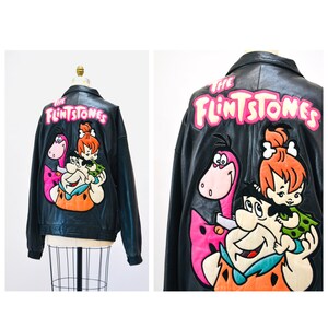 80s 90s Vintage Mens Black Leather Jacket Flinstones Cartoon