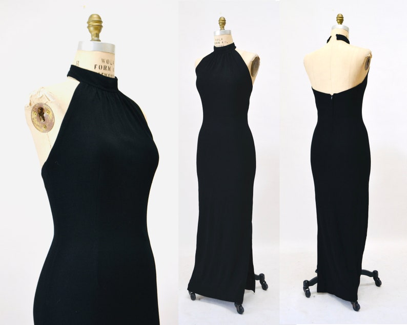 70s Vintage Black Halter Dress By Lillie Rubin Medium 70s Party long Black Halter Neck Dress 70s Disco Knit Dress Long Black Sexy Dress image 1