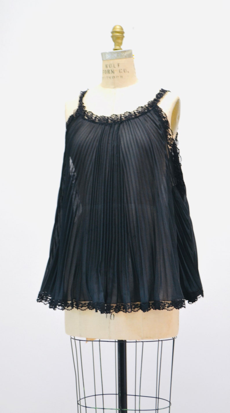 60s 70s Vintage Black Sheer Babydoll Pleated Nightgown Lingerie by Parisian Maid// Black Sheer Lingerie Night gown Black Honeymoon Maternity image 2