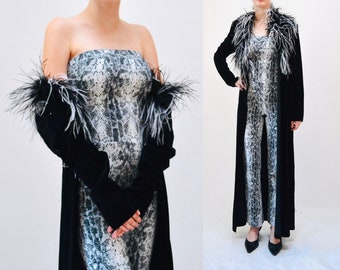 90s 2000s Vintage Black Feather Jacket Velvet Shirt Duster Feathers Medium// Vintage Black Velvet Duster Jacket Marabou Ostrich Boa Feathers