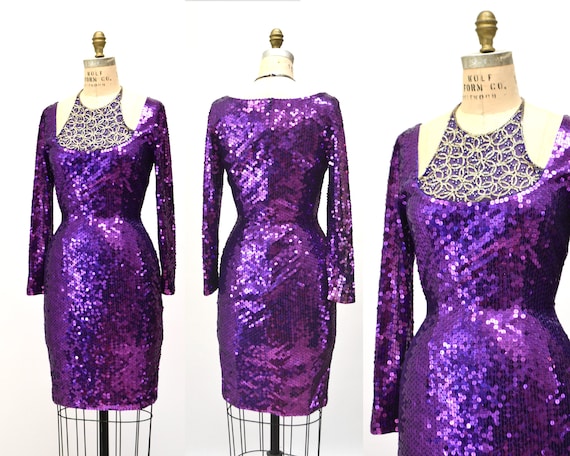 90s Vintage Purple Sequin Dress Medium Metallic D… - image 2