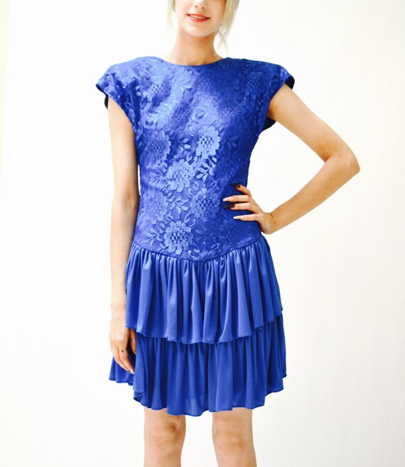 80s Prom Dress Blue Size Small medium Lace Ruffle… - image 5