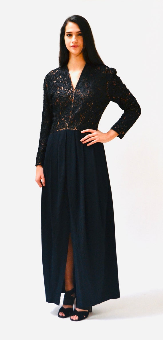 Vintage Black Evening Gown Long Sleeve lace Dress… - image 4