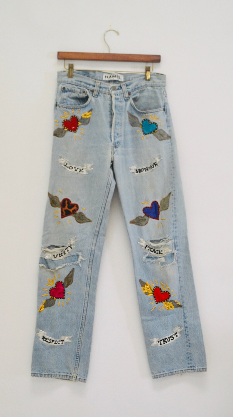 80s Vintage Leslie Hamel Jeans Pants Vintage Levis Hand painted Love Peace Denim Jeans Levis Pop Art Vintage Levis Medium Jeans Madonna image 3