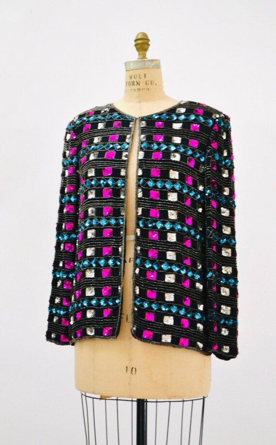 80s 90s Vintage Black Sequin Jacket Size Large Me… - image 3