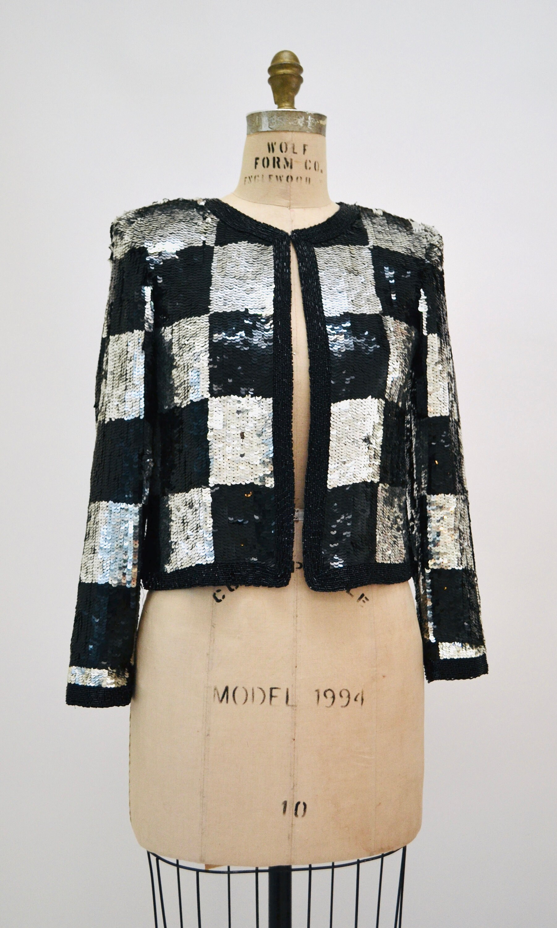 Vintage Sequin Jacket Black Silver Metallic Checker Plaid