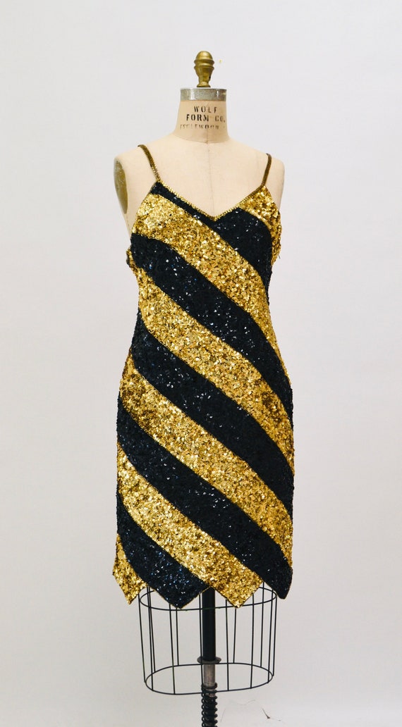 90s Vintage Black Gold Metallic Sequin Dress Tank… - image 7