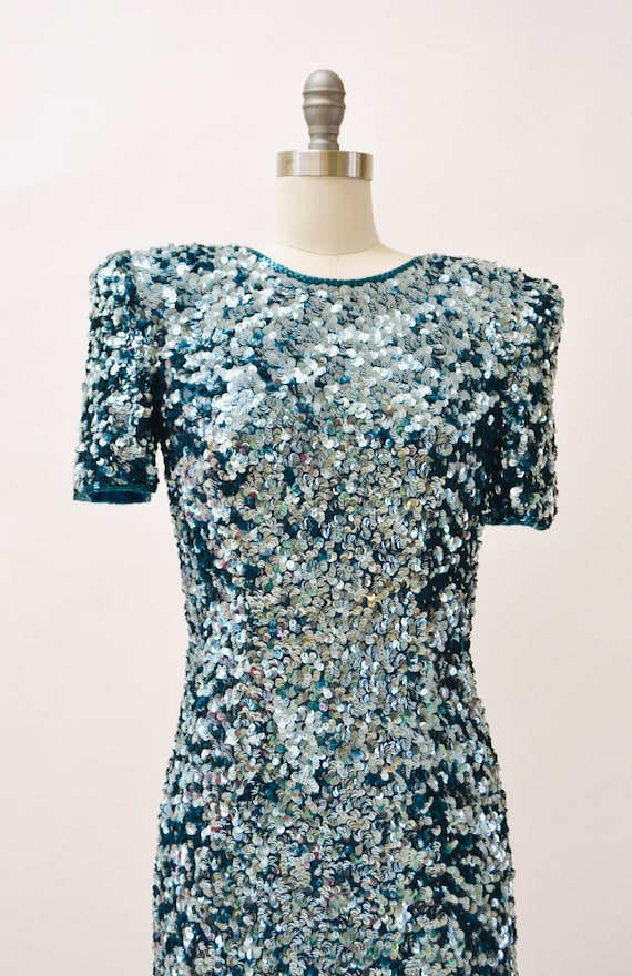 80s 90s Glam Vintage Blue Sequin Dress Size Small… - image 2