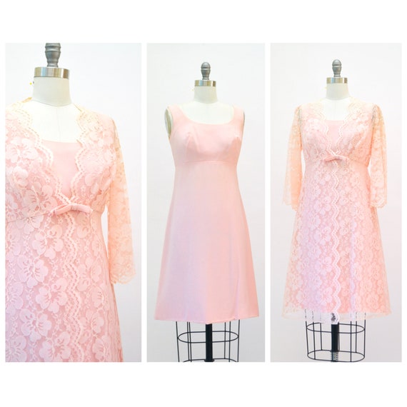 60s 70s Vintage Pink Lace Party Cocktail Dress si… - image 2