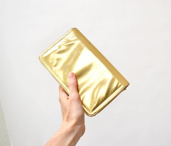 Vintage Gold Leather Clutch Purse Hand Bag// Vintage Metallic Gold Leather Bag Purse Evening Bag