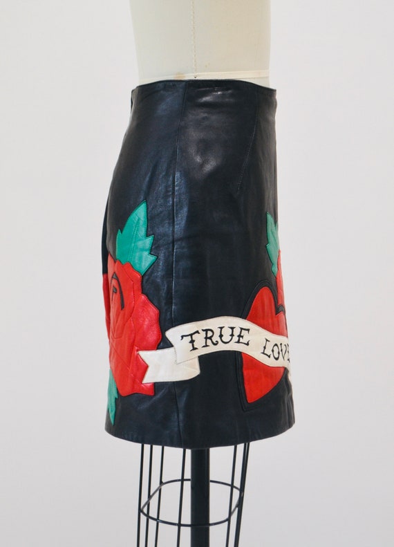 Vintage Black Leather Skirt with True Love Heart … - image 4