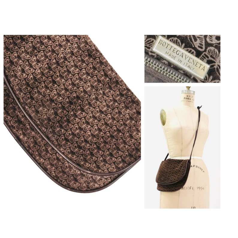 May include: Brown suede shoulder bag with a butterfly pattern and a brown leather trim. The bag has a flap closure and a long adjustable strap. The bag has a label that reads "Bottega Veneta Made in Italy".