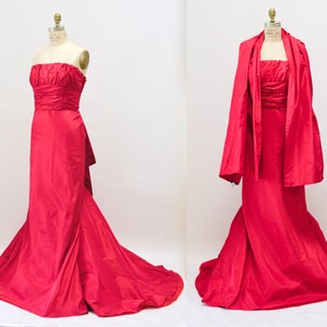 90s 2000s Vintage Strapless Red Silk Gown Dress Evening Ball Gown Small Medium Melinda Eng Strapless Gown Dress Long Red Train Dress image 2