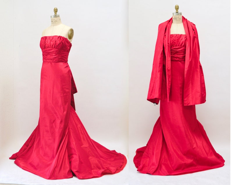 90s 2000s Vintage Strapless Red Silk Gown Dress Evening Ball Gown Small Medium Melinda Eng Strapless Gown Dress Long Red Train Dress image 2